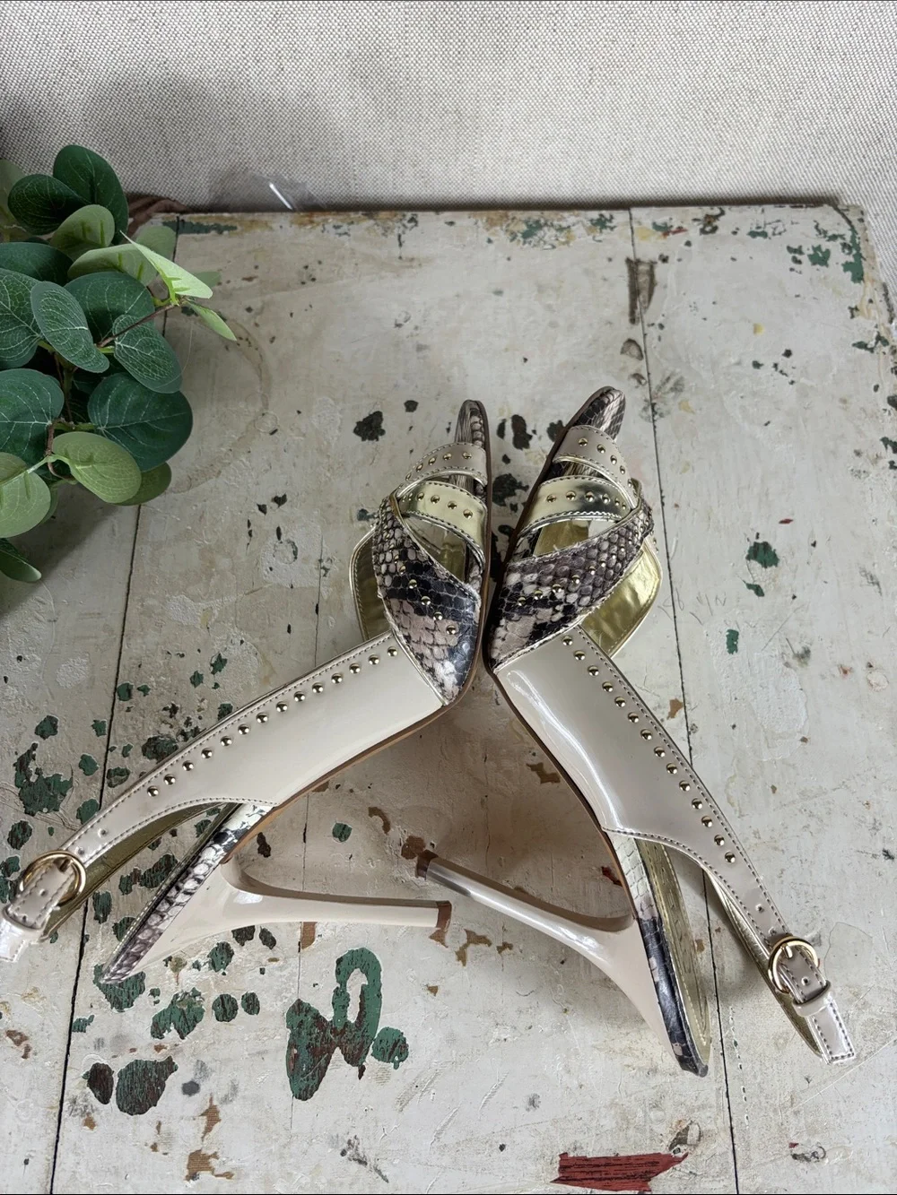 GUESS > Metallic Gold Slingback Heels with Snakeskin Accent 8